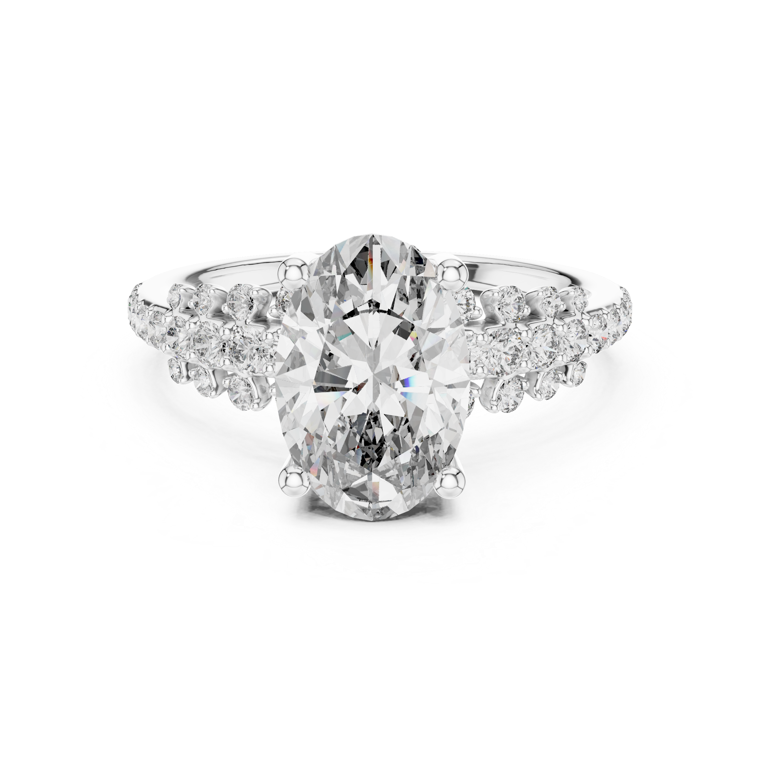 Diamond ring with a large central gemstone and smaller stones on a white background